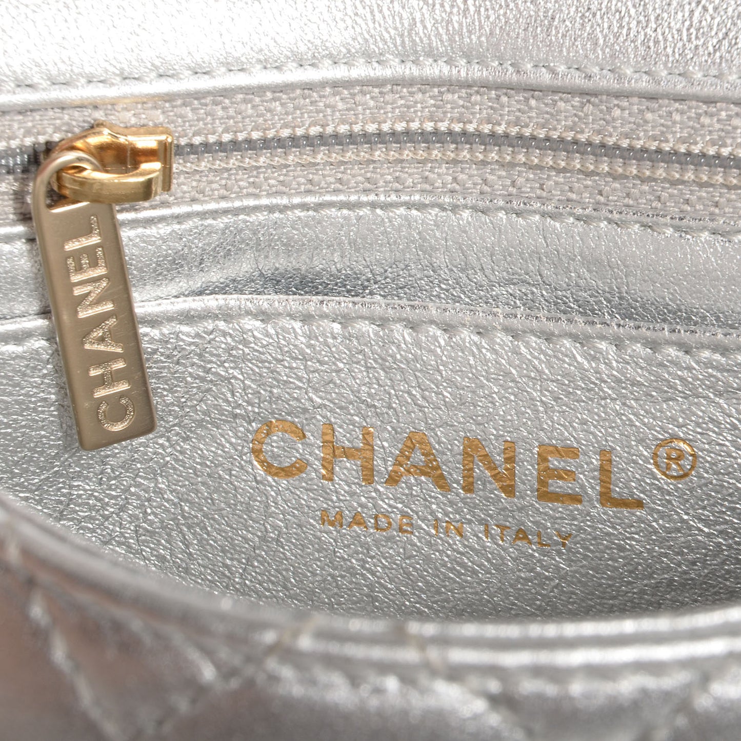 Metallic Lambskin Quilted Mini Square Flap Silver