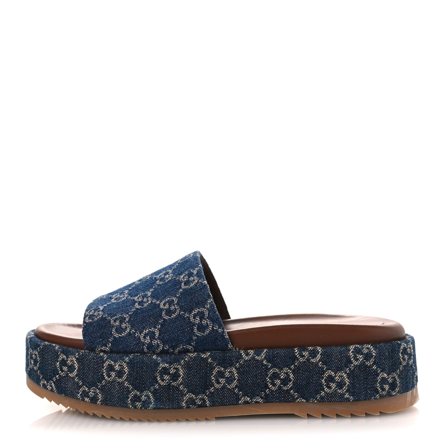 Gucci New Denim GG Monogram Angelina Platform 55mm Slide Sandals 39.5 Blue Tea 1 of 12