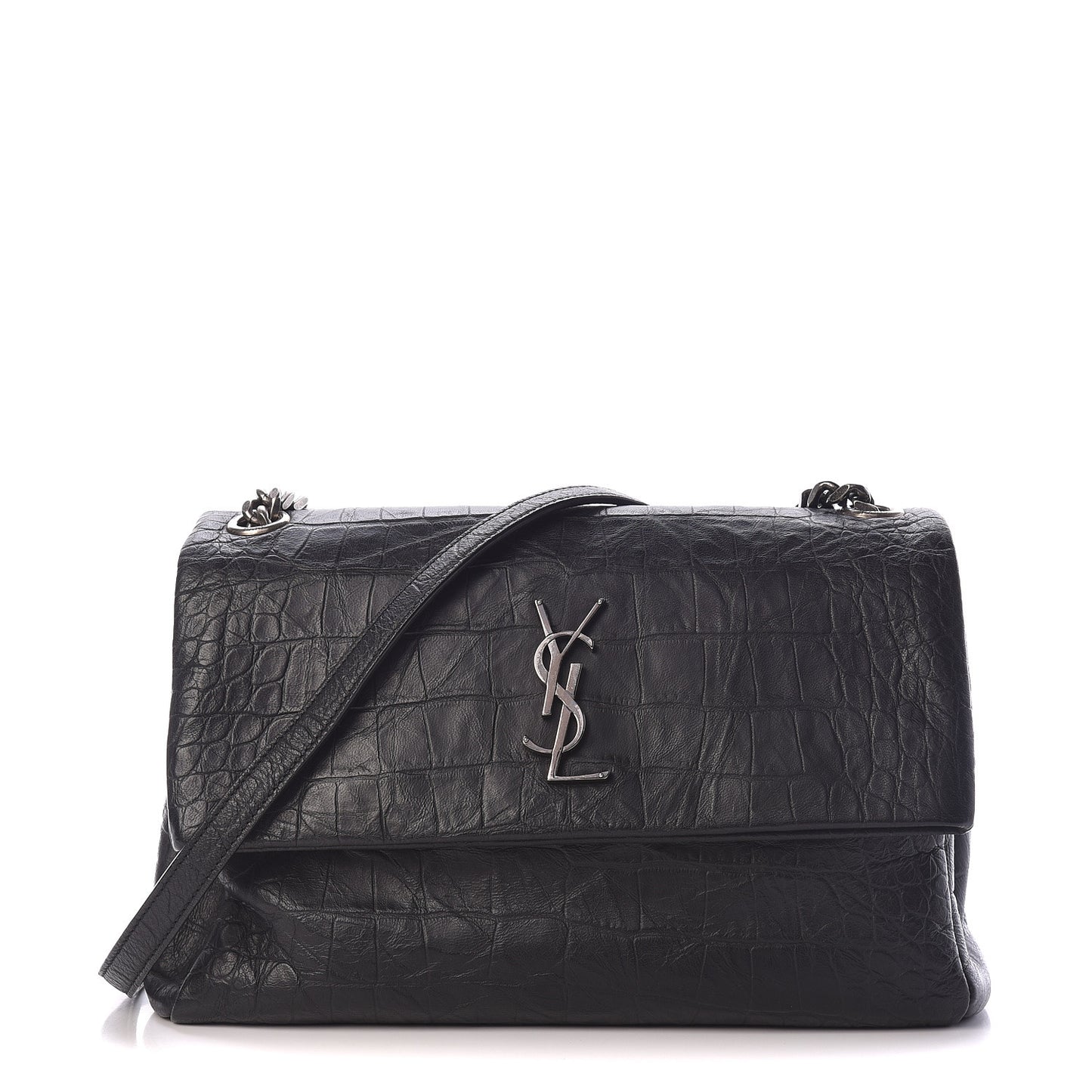 Calfskin Crocodile Embossed Medium West Hollywood Monogram Fold-Over Black