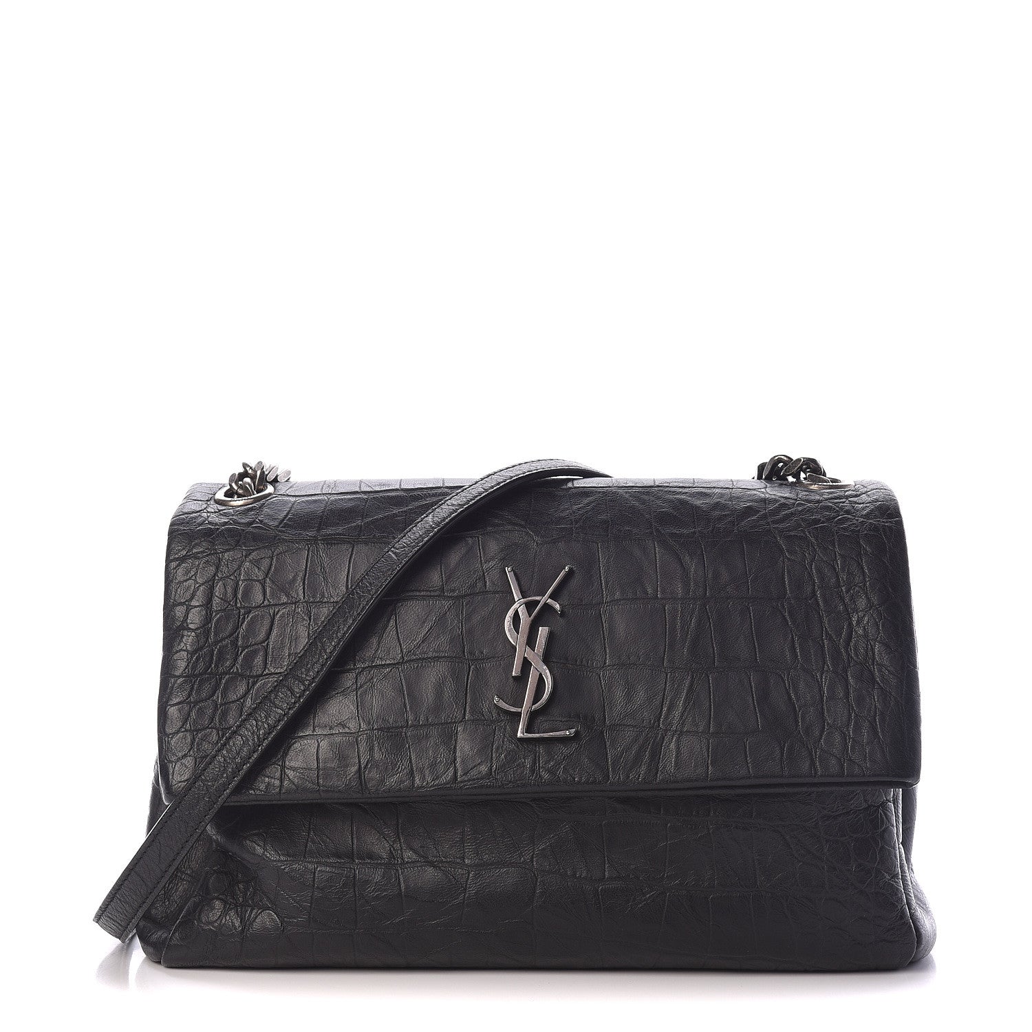 Saint Laurent Calfskin Crocodile Embossed Medium West Hollywood Monogram Fold-Over Black 1 of 16