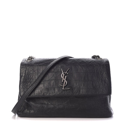 Saint Laurent Calfskin Crocodile Embossed Medium West Hollywood Monogram Fold-Over Black 1 of 16