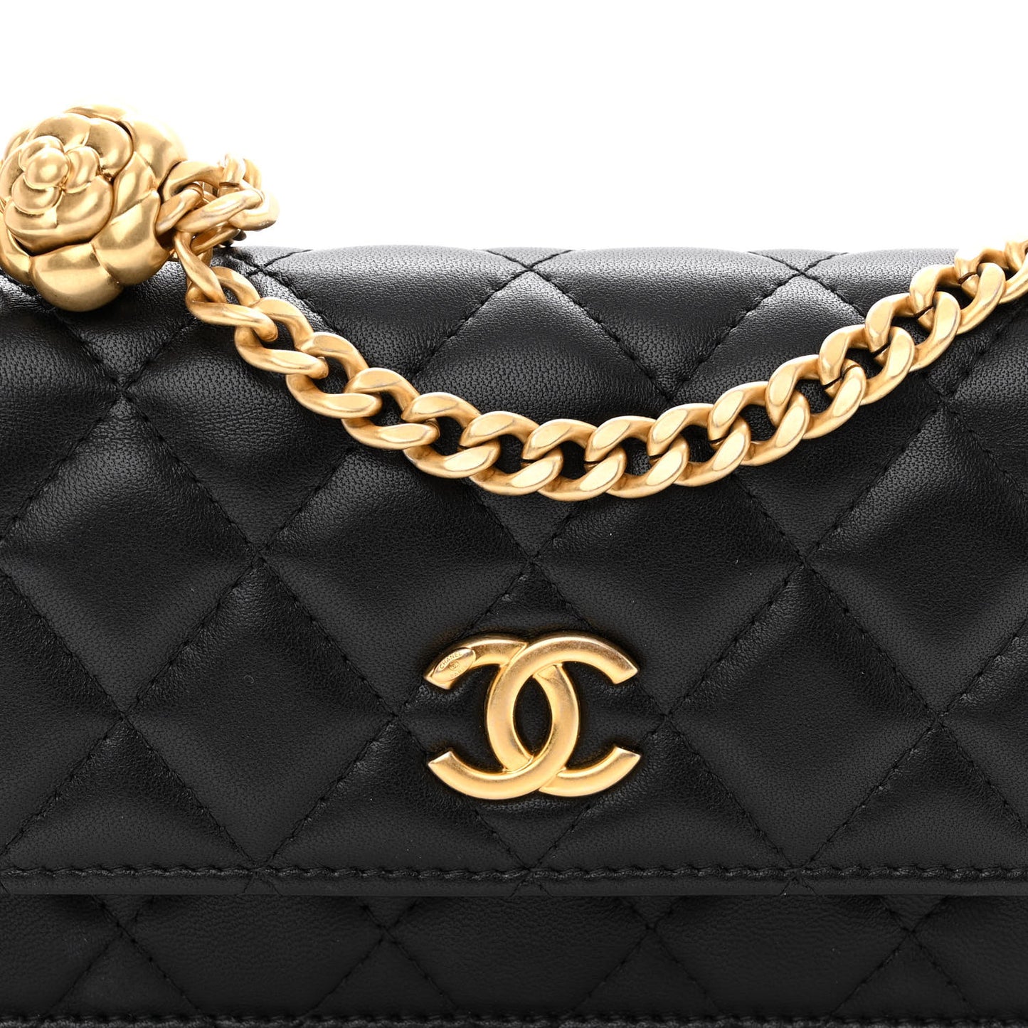 Lambskin Quilted Sweet Camellia Flap Phone Holder With Chain Black