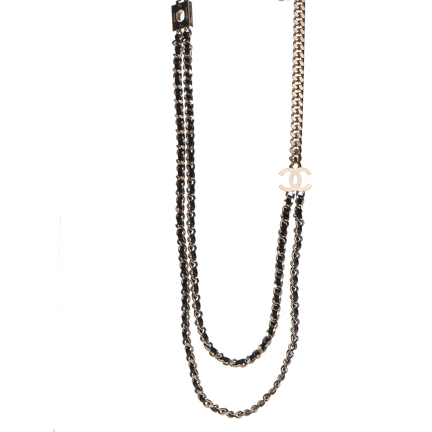 Lambskin CC Long Chain Necklace Black Gold