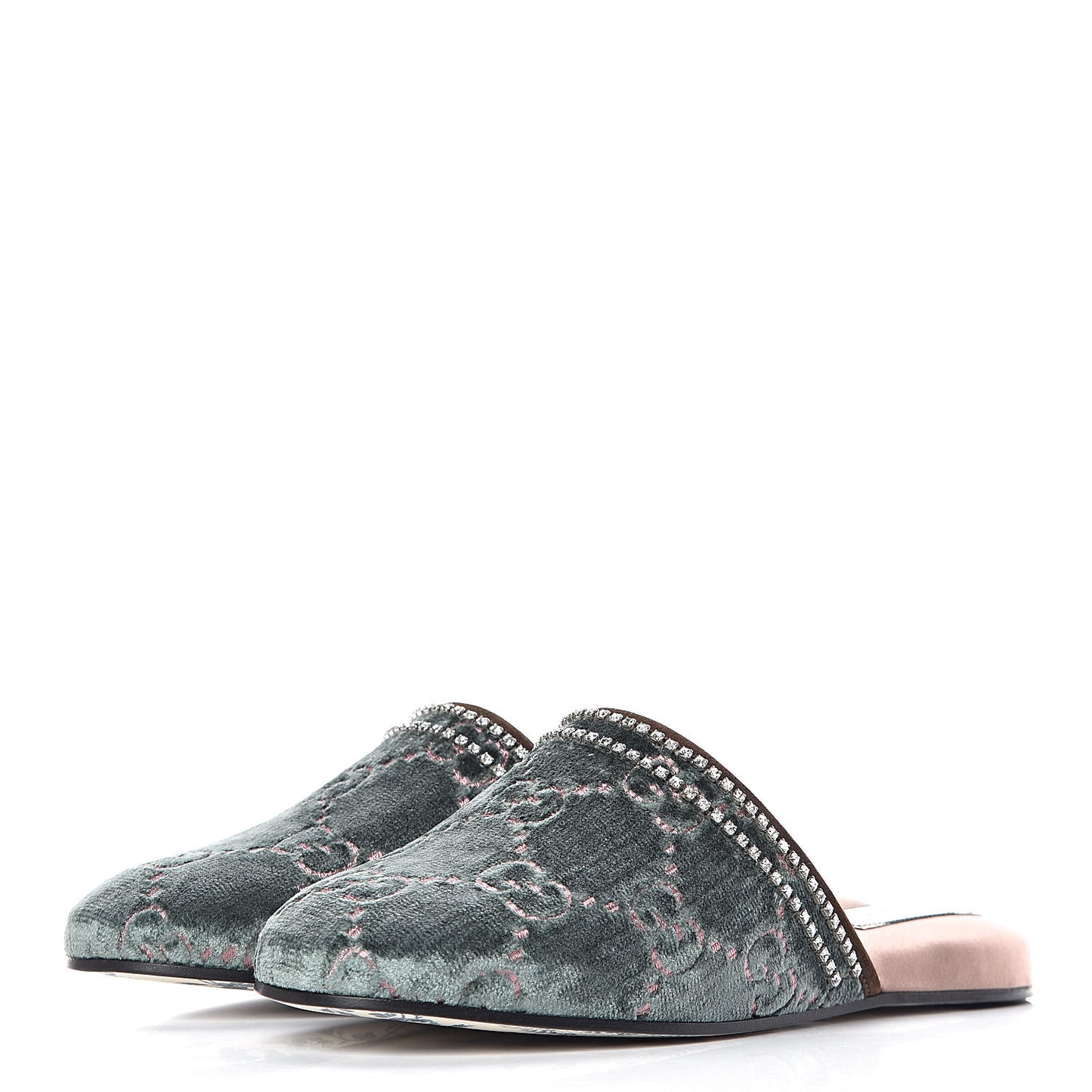 Velvet GG Monogram Crystal Womens Slippers 38 Avio Dusty Pink Vintage Cocoa