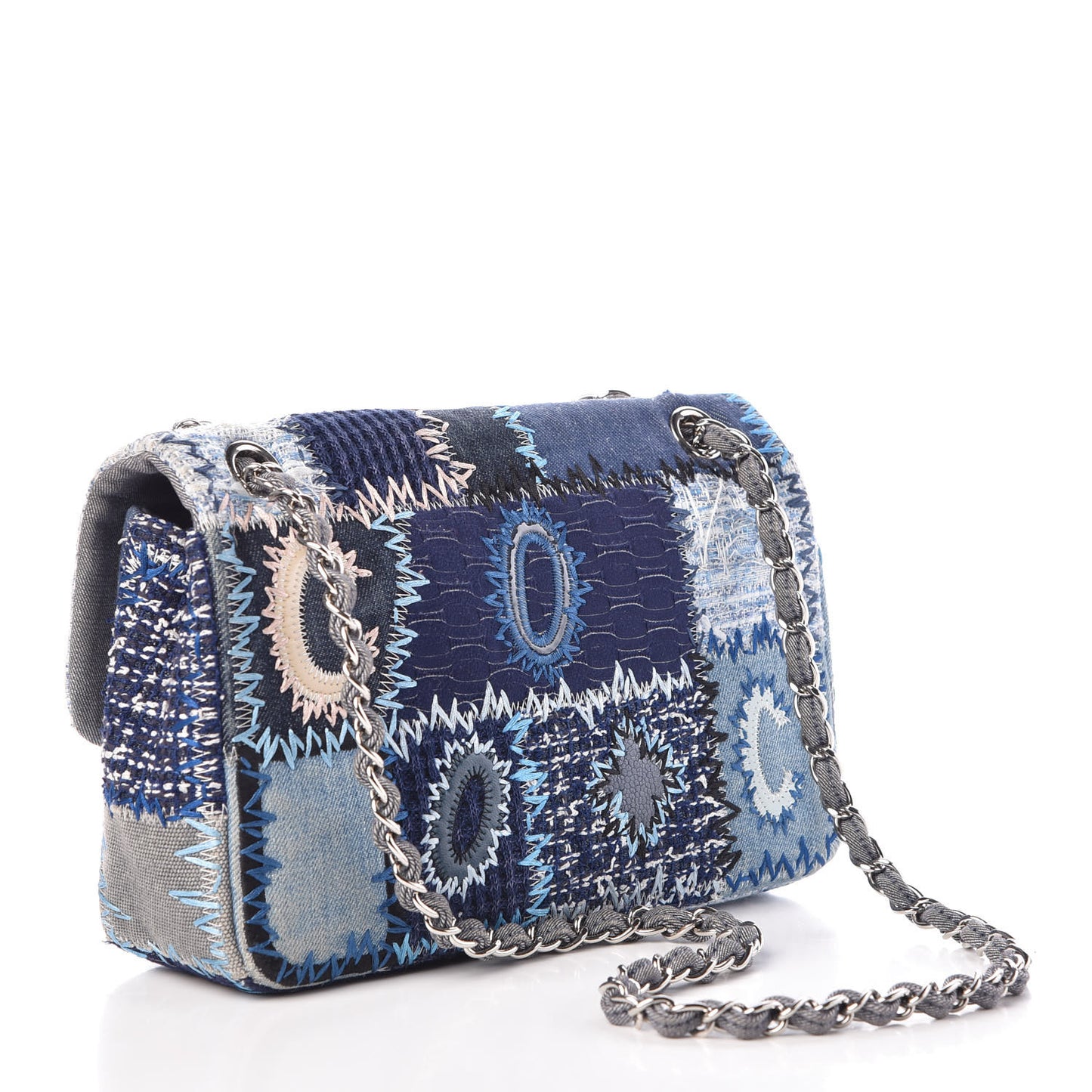 Denim Tweed Patchwork Medium Single Flap Blue