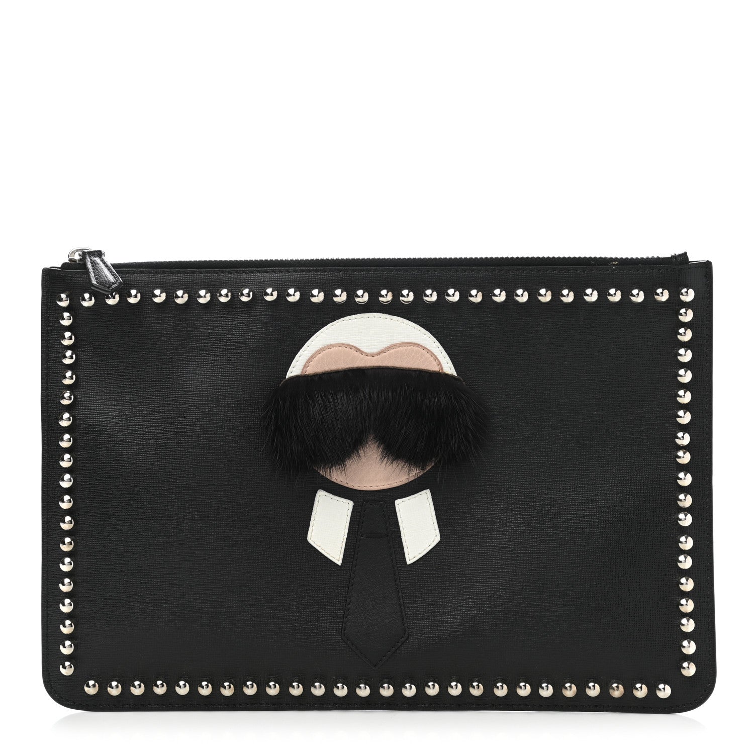 Fendi Vitello Elite Flamingo Mink Karlito Studded Pouch Black White Plaster 1 of 6