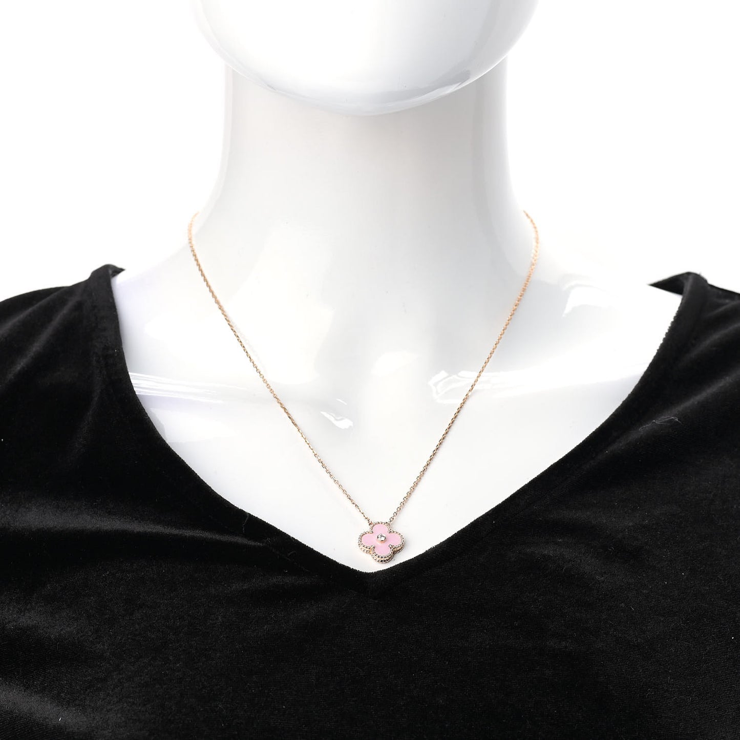 18K Rose Gold Diamond Pink Porcelain Vintage Alhambra Pendant Necklace