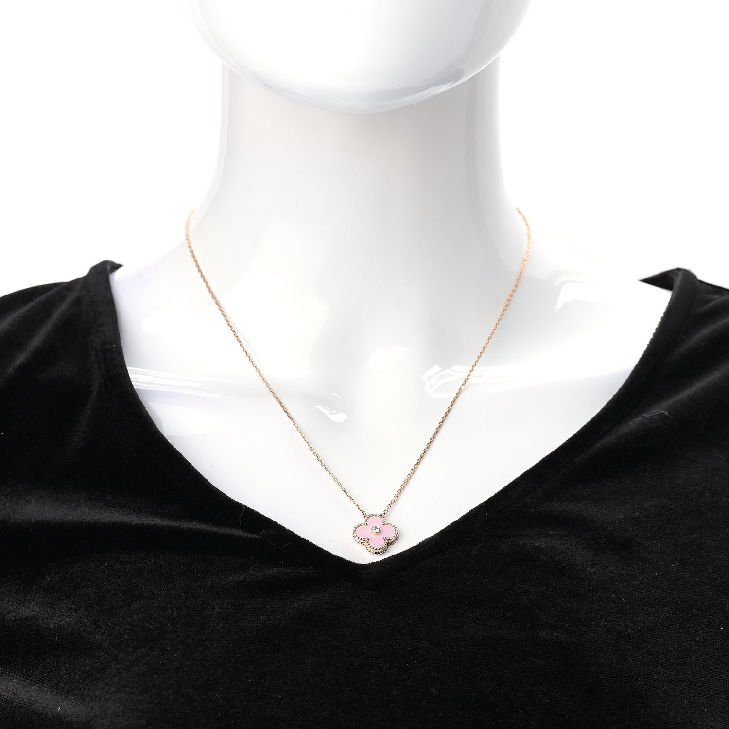 Van Cleef & Arpels 18K Rose Gold Diamond Pink Porcelain Vintage Alhambra Pendant Necklace 2 of 6