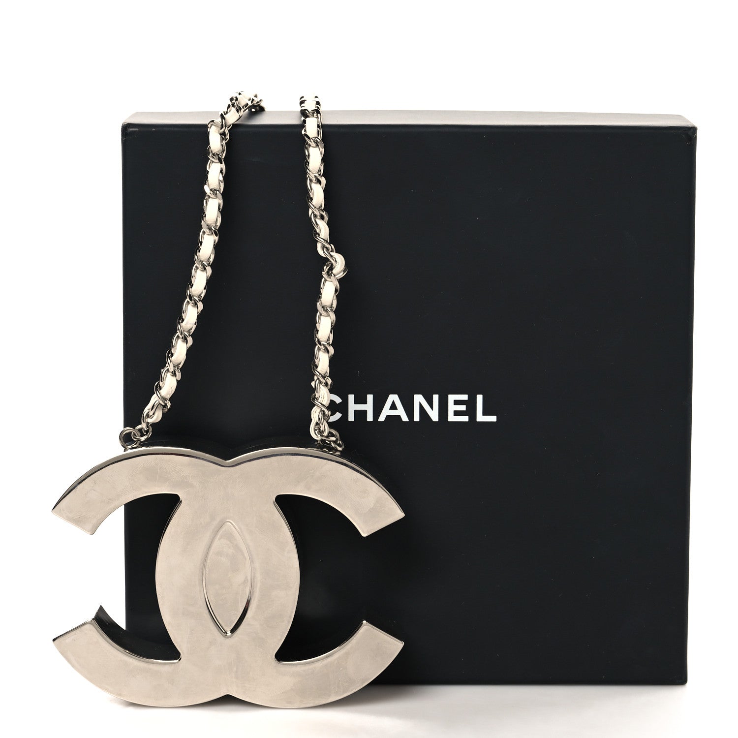 Chanel Metal Lambskin CC Mirror Crossbody Necklace Silver White