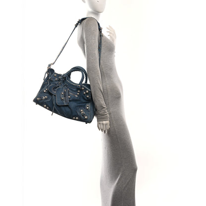Balenciaga Washed Frayed Denim Crystal Neo Cagole City Handbag Blue 2 of 11