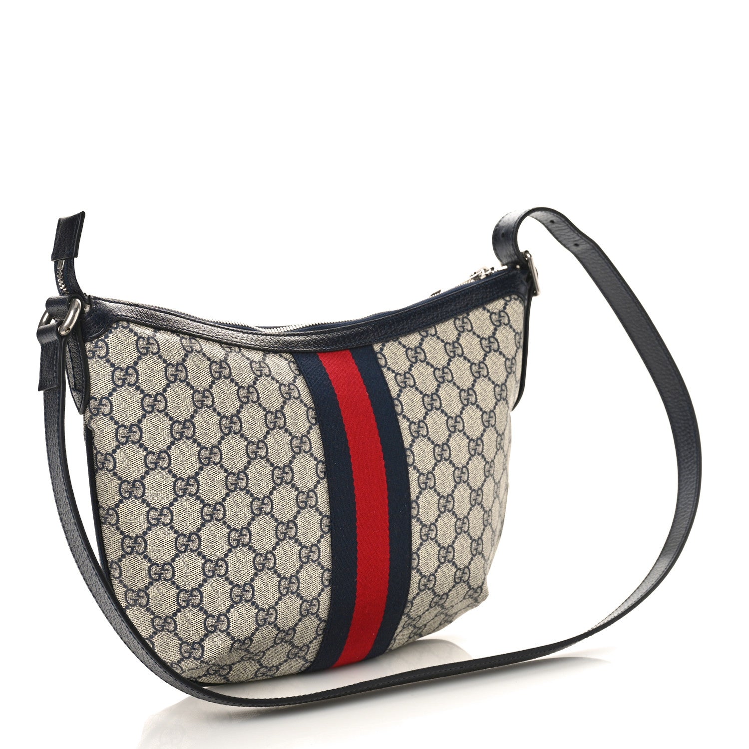 Gucci GG Supreme Monogram Textured Dollar Calfskin Web Small Ophidia Half Moon Hobo Beige Blue 3 of 8