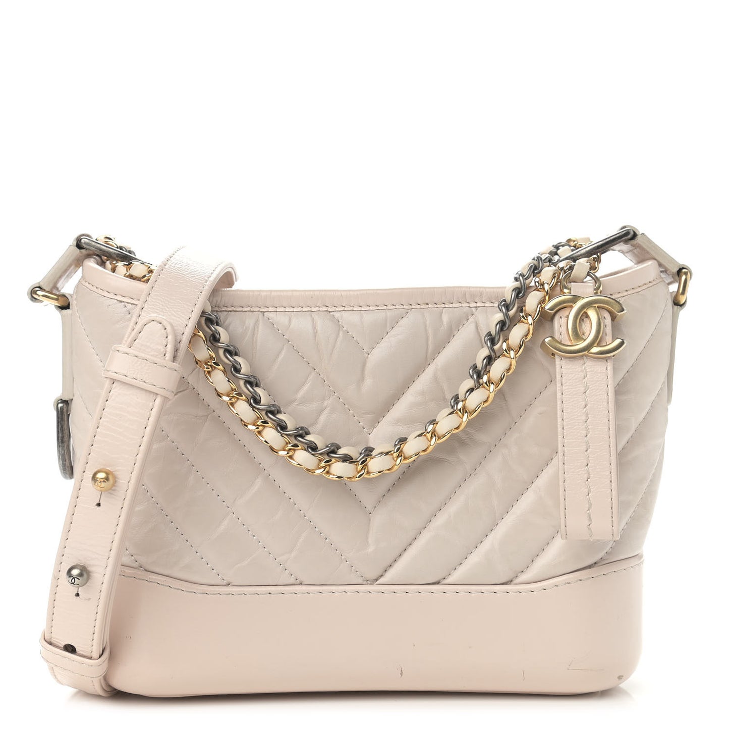 Aged Calfskin Chevron Quilted Small Gabrielle Hobo Beige