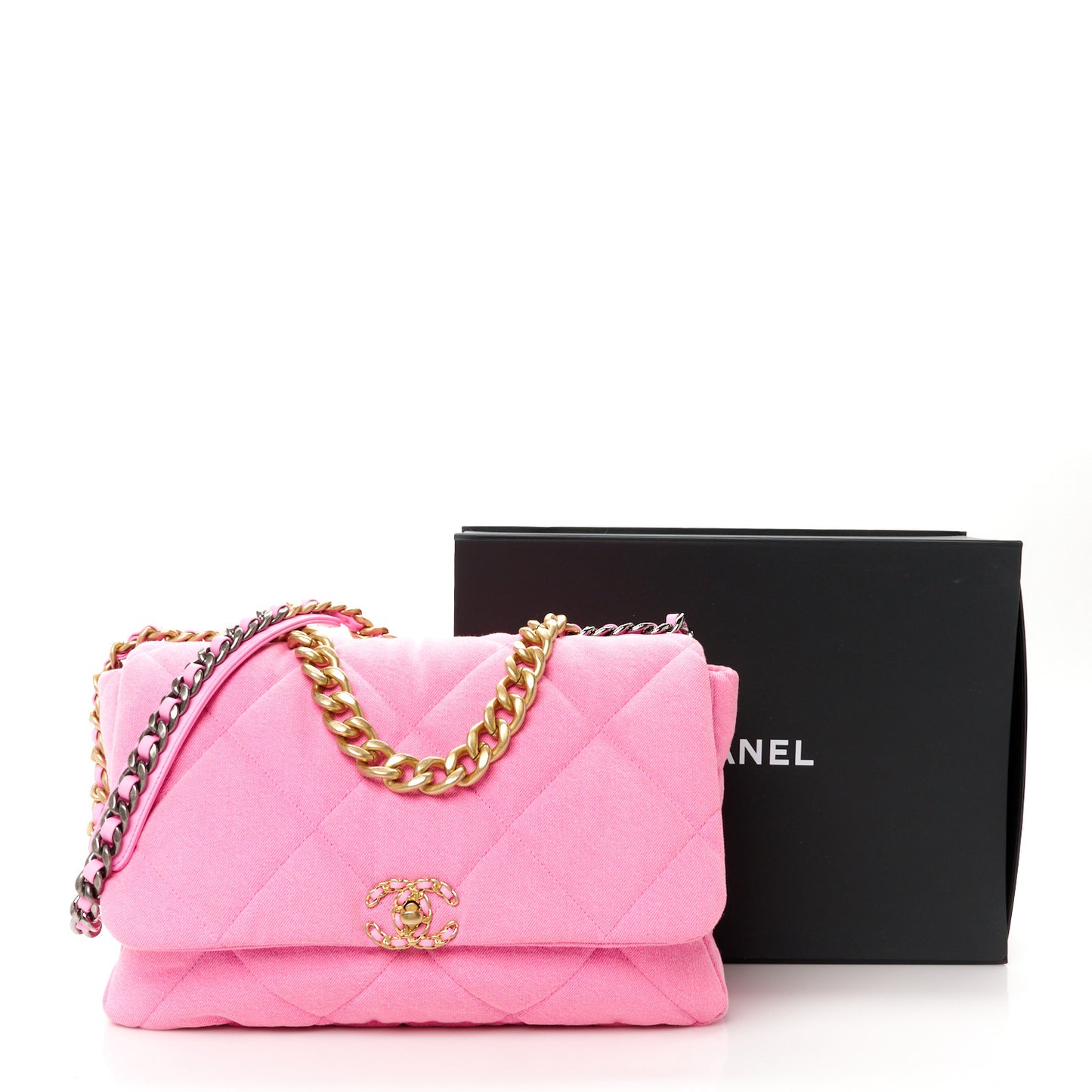 Denim Quilted Maxi Chanel 19 Flap Neon Pink