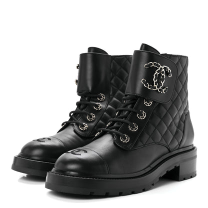 Chanel Shiny Lambskin Quilted Lace Up Combat Boots 39 Black 3 of 10