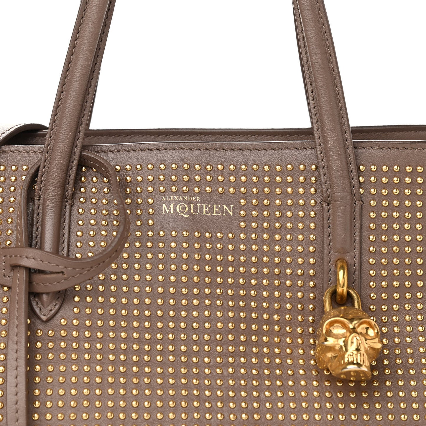 Calfskin Small Studded Padlock Zip Around Tote Taupe