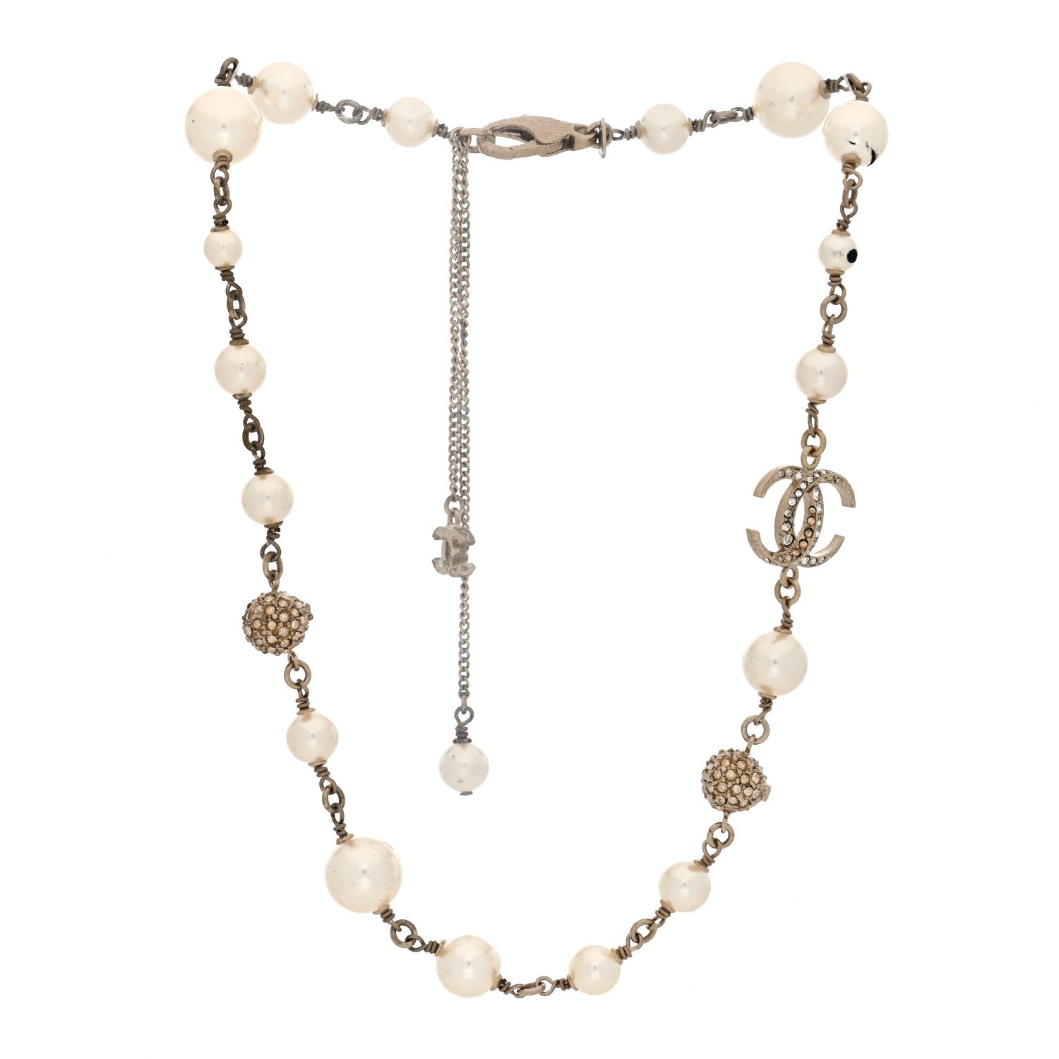 Chanel Pearl Crystal CC Moon Necklace Gold White 3 of 6