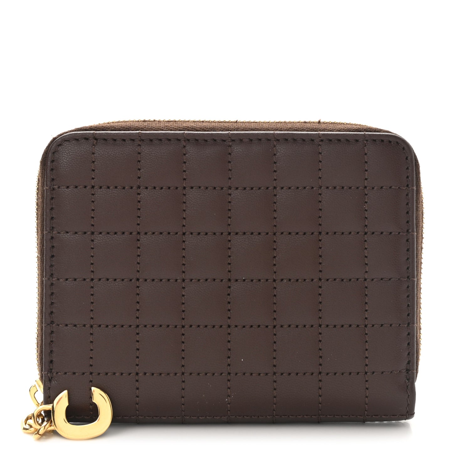 Lambskin Quilted C Charm Zip Around Wallet Brown
