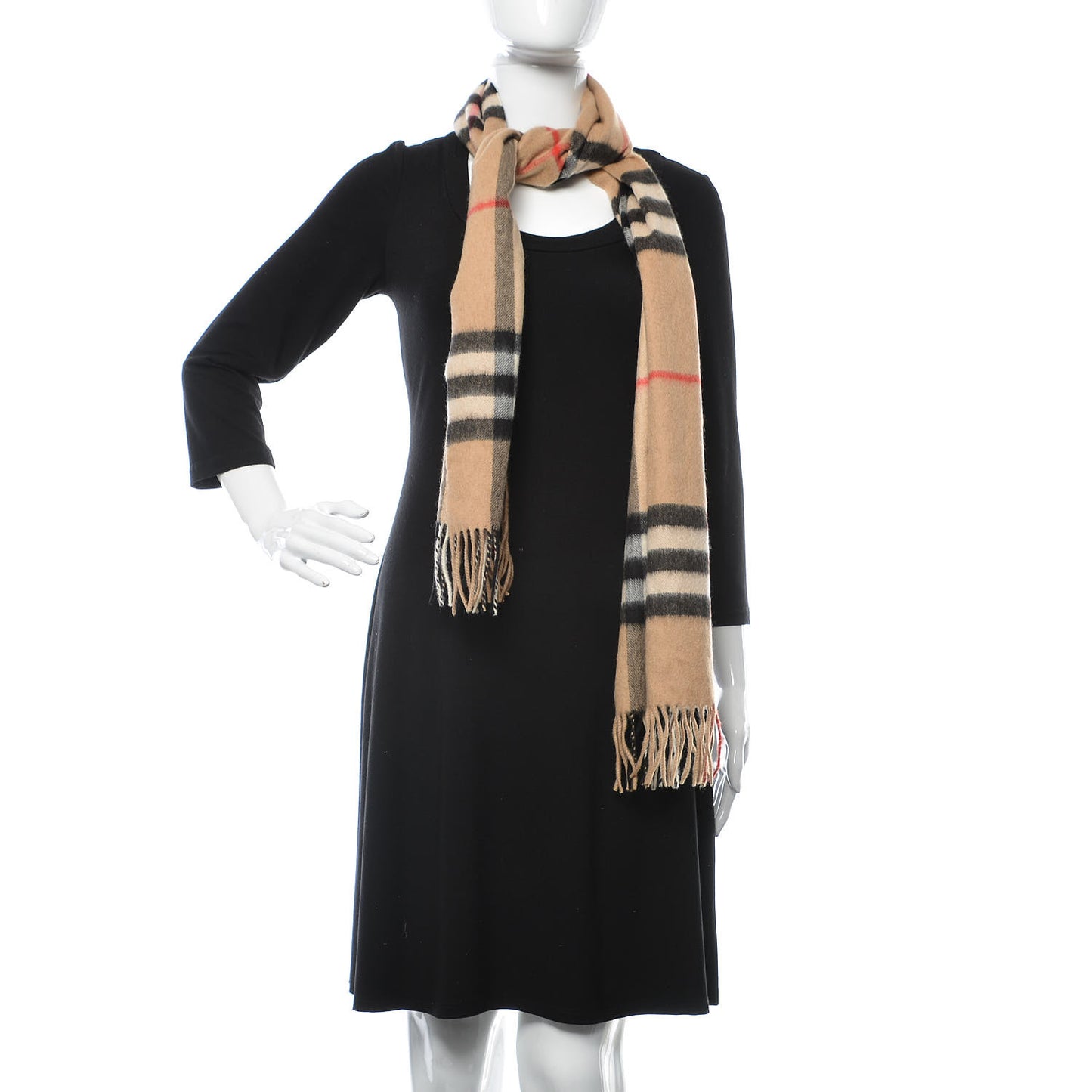 Cashmere Giant Check Fringe Scarf Camel