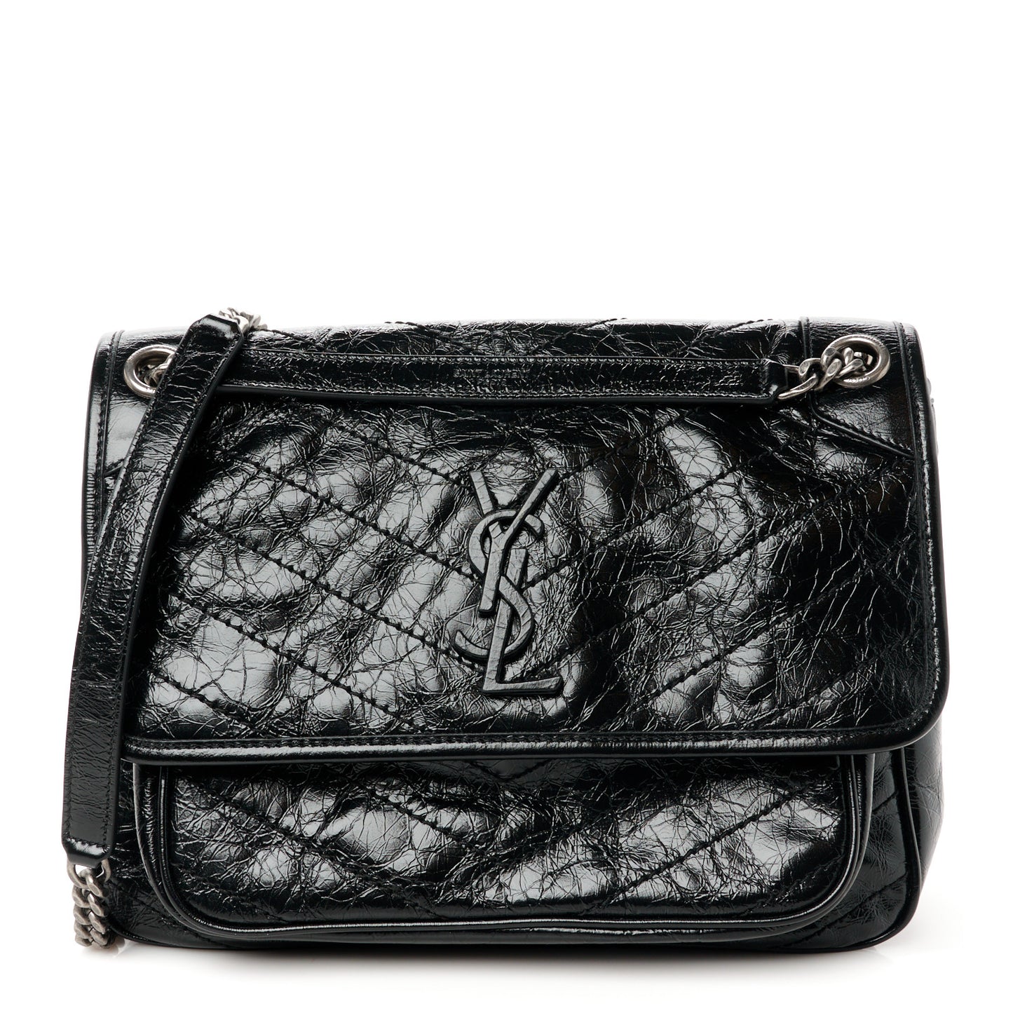 Crinkled Calfskin Matelasse Monogram Medium Niki Chain Satchel Black