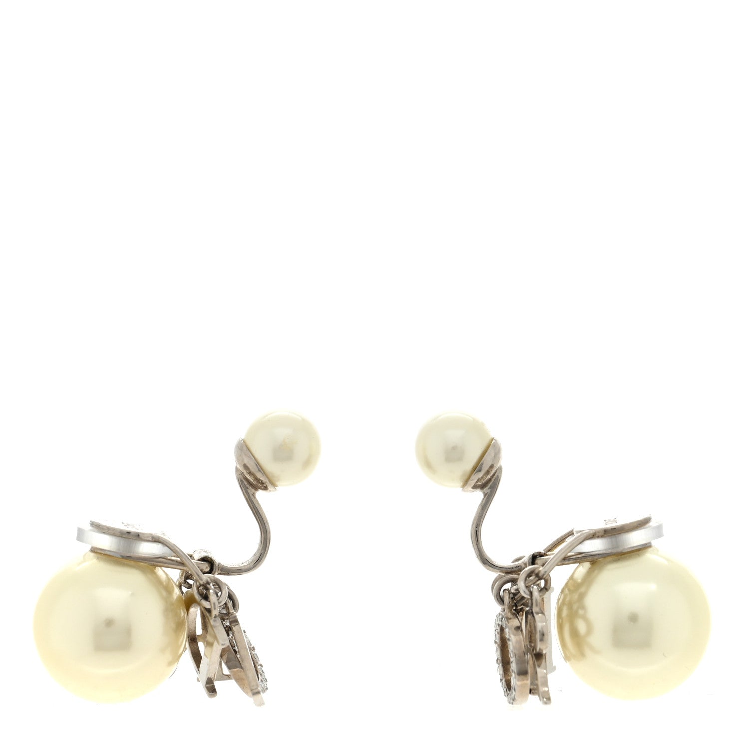 Christian Dior Metal Pearl Crystal Tribales Clip Earrings Silver White 3 of 5