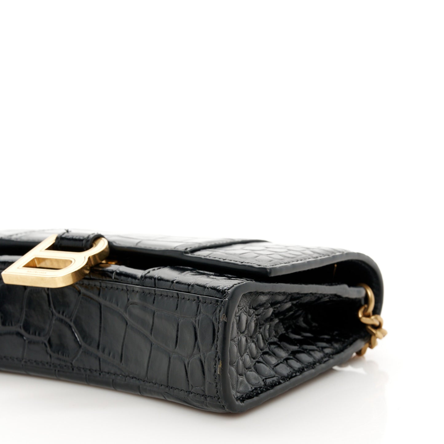 Shiny Calfskin Crocodile Embossed Hourglass Chain Bag Black