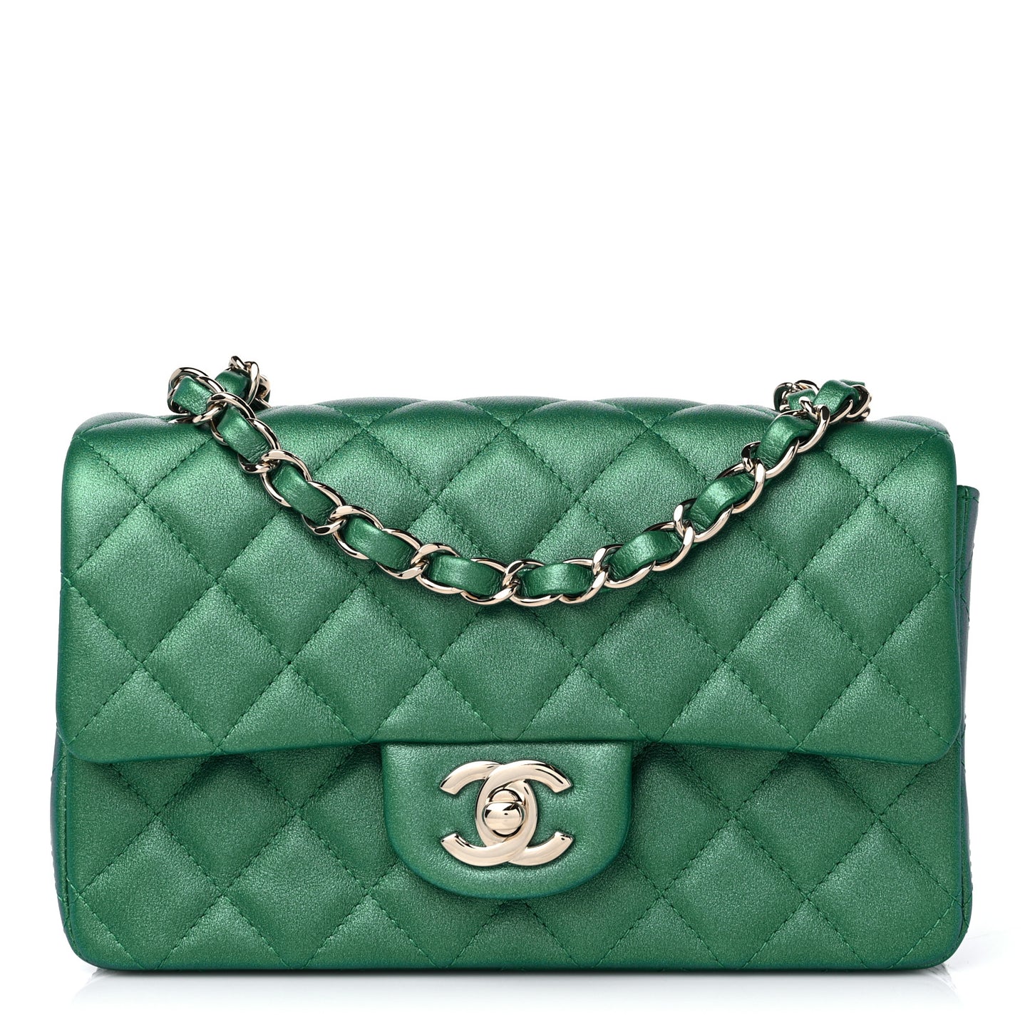 Iridescent Calfskin Quilted Mini Rectangular Flap Green
