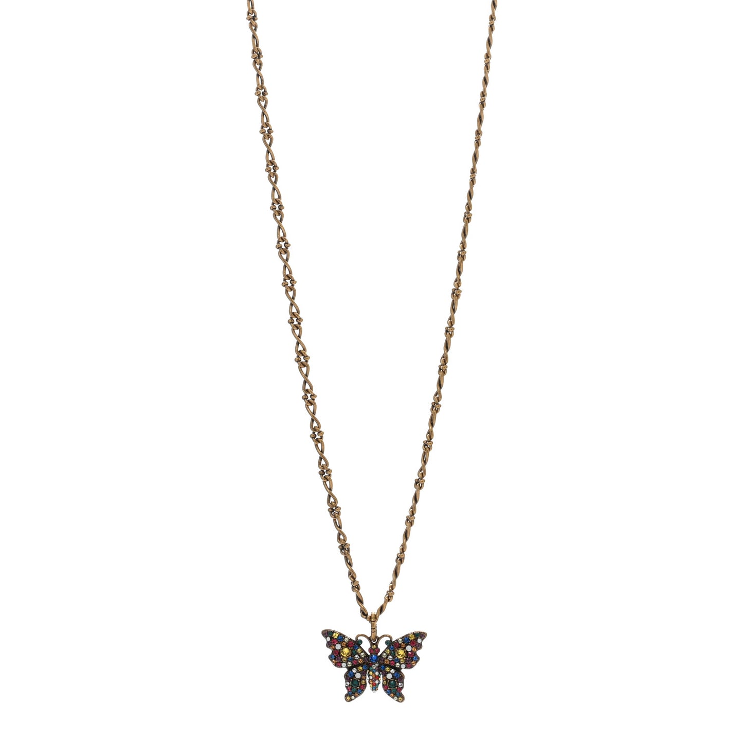 Metal Crystal Butterfly Necklace Aged Gold Multicolor