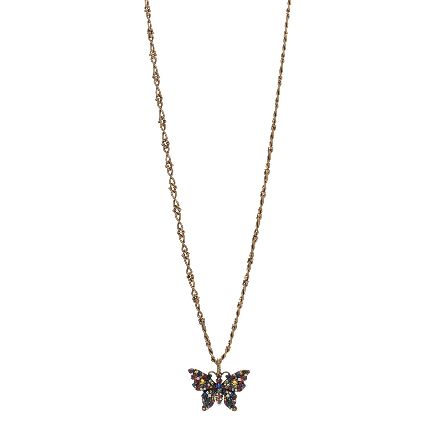 Gucci Metal Crystal Butterfly Necklace Aged Gold Multicolor 1 of 4
