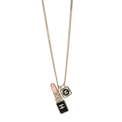 Chanel Metal Strass Pearl Lipstick Pendant Necklace Pink Gold 1 of 5