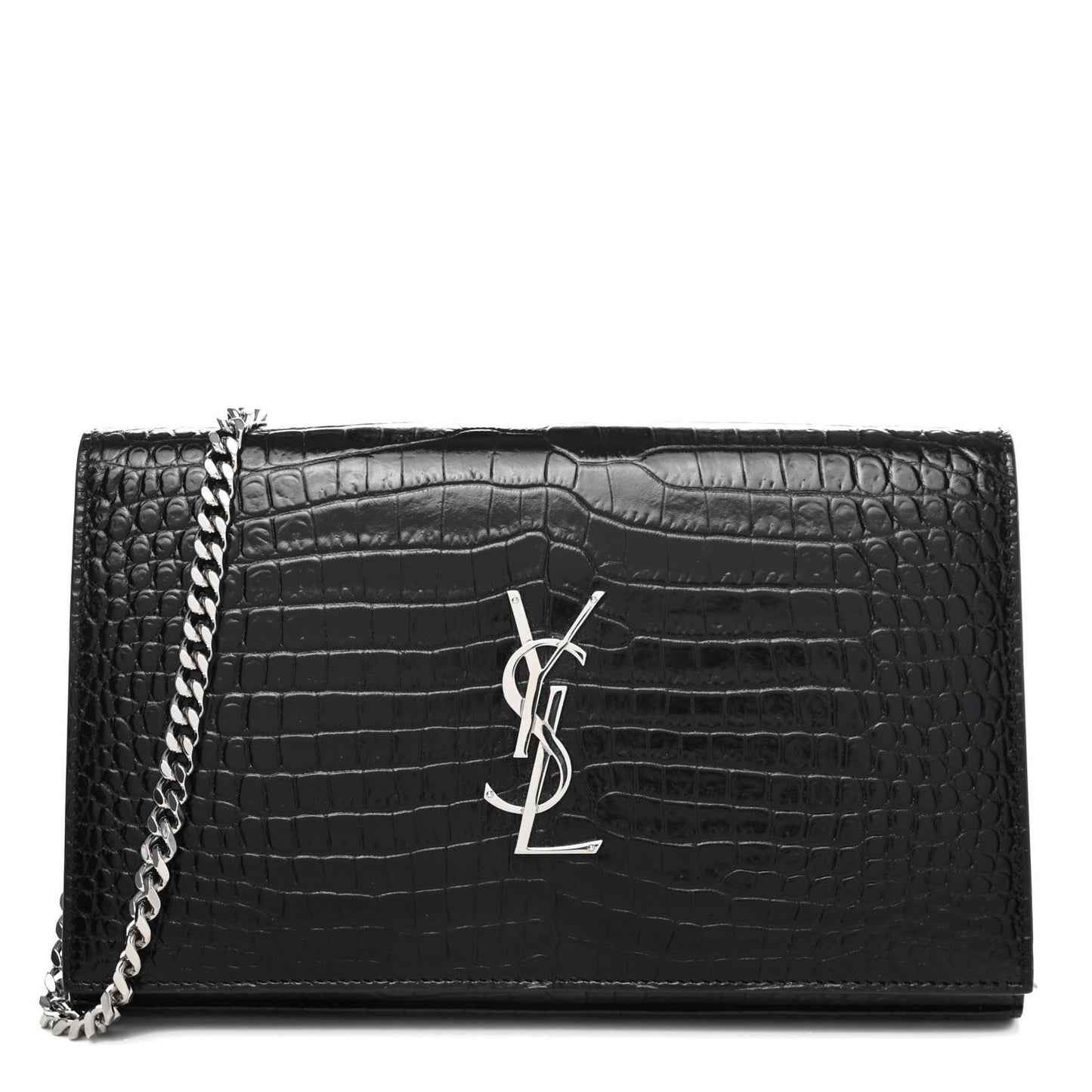 Calfskin Crocodile Embossed Monogram Chain Wallet Black