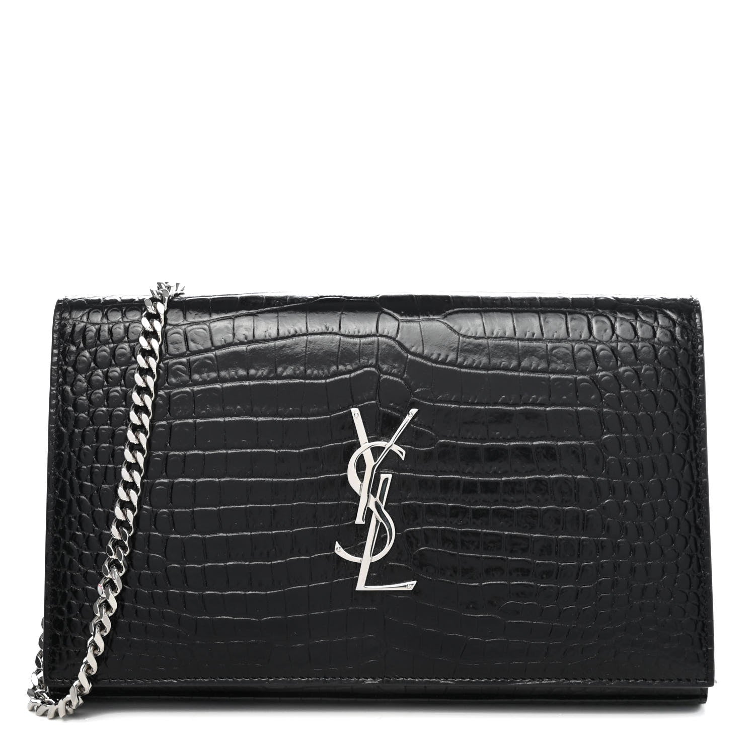 Saint Laurent Calfskin Crocodile Embossed Monogram Chain Wallet Black 1 of 4