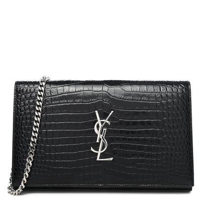 Saint Laurent Calfskin Crocodile Embossed Monogram Chain Wallet Black 1 of 4