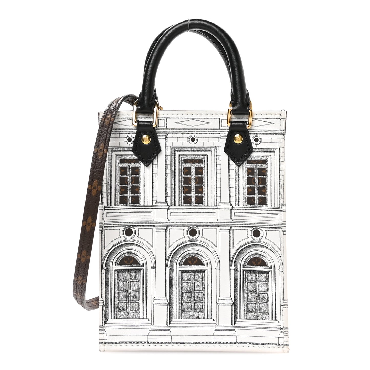 X FORNASETTI Calfskin Architettura Petit Sac Plat Black White