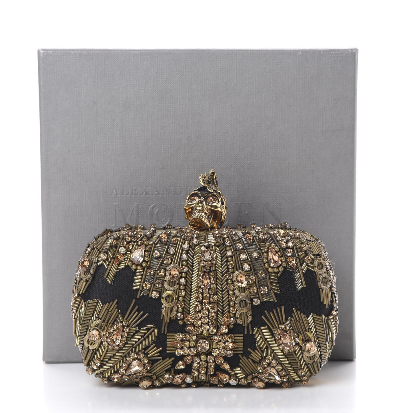 Mesh Satin Crystal Embellished Skull Box Clutch Gold
