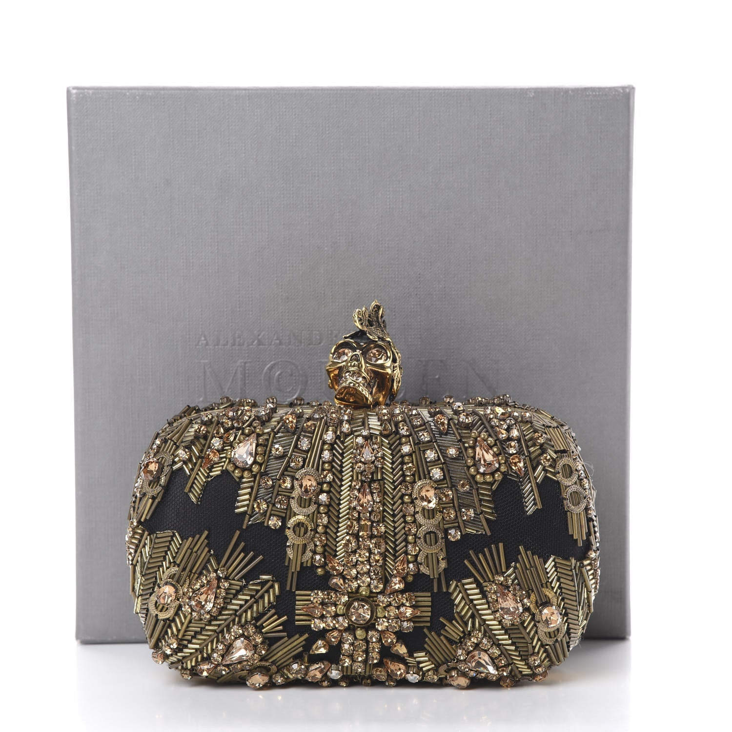 Alexander McQueen Mesh Satin Crystal Embellished Skull Box Clutch Gold 9 of 9
