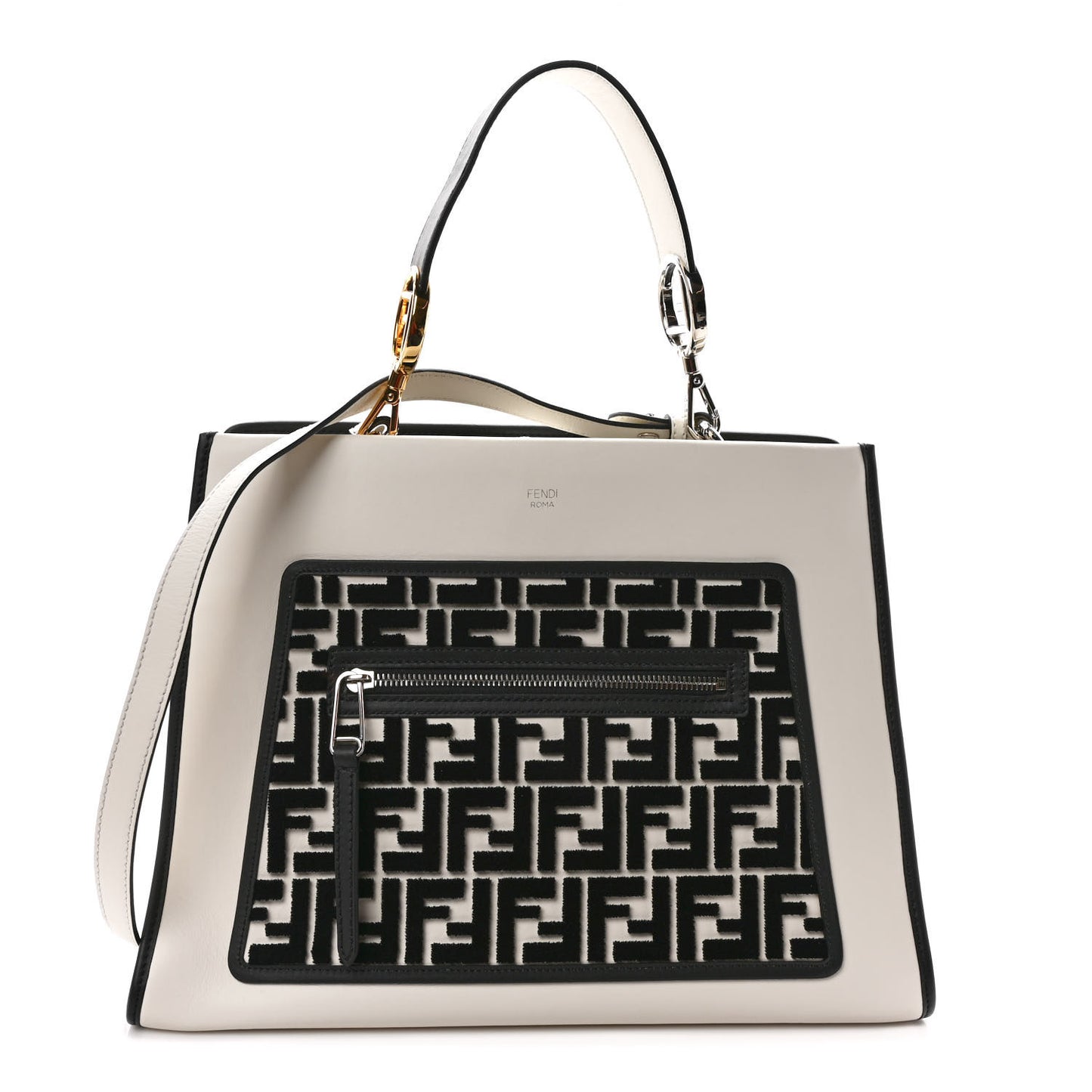 Vitello Century Velvet F is Fendi FF Embroidered Regular Runaway Satchel White Black