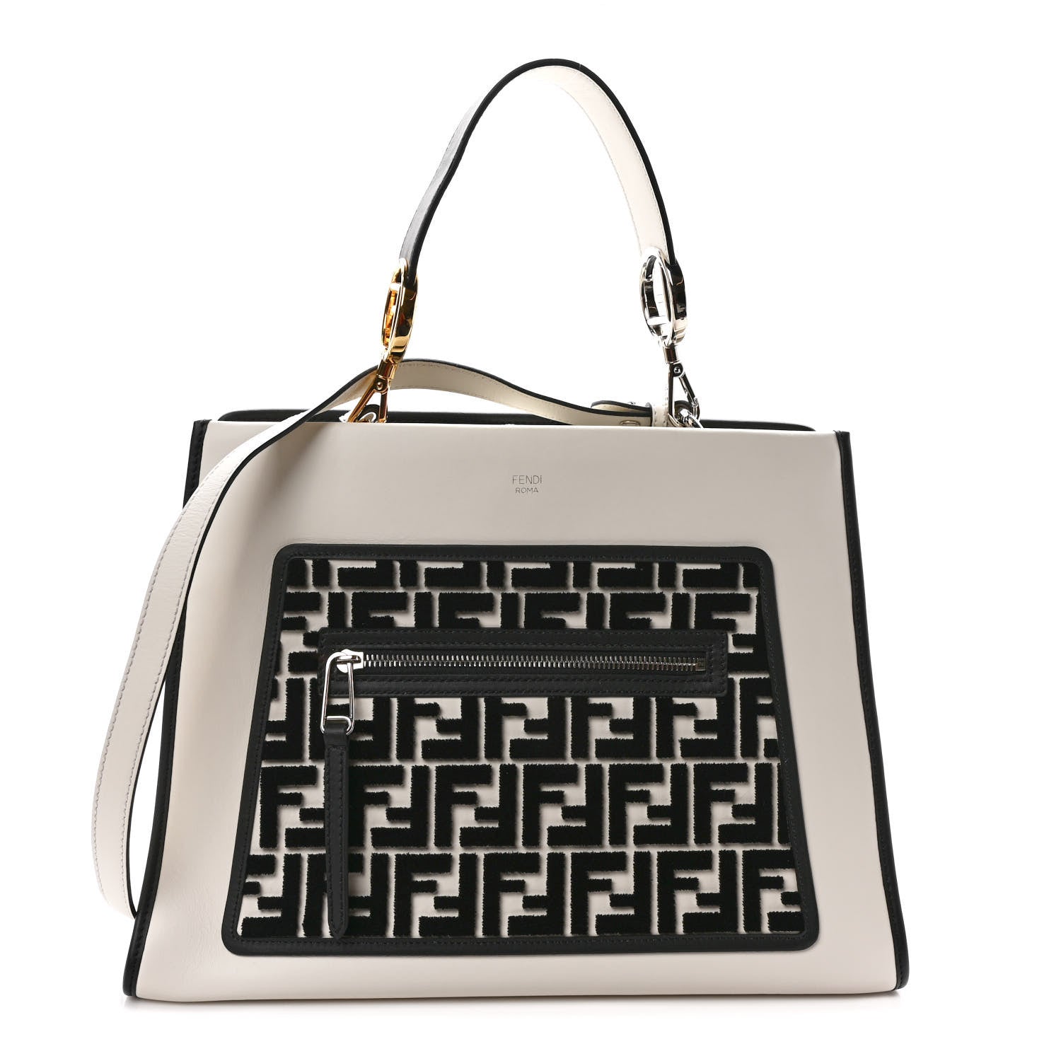 Fendi Vitello Century Velvet F is Fendi FF Embroidered Regular Runaway Satchel White Black 1 of 10