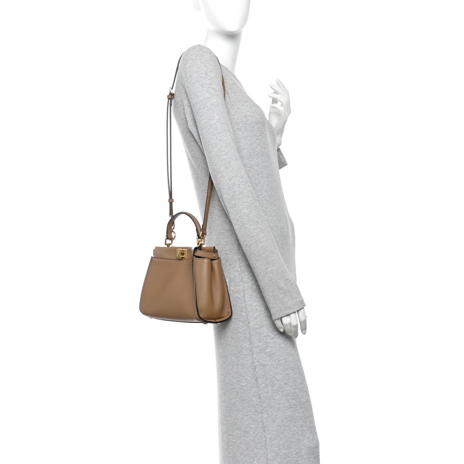 Fendi Vitello Seta Fabric Jacquard FF 1974 Mini Peekaboo Iconic Satchel Sand Tobacco Moro 2 of 9