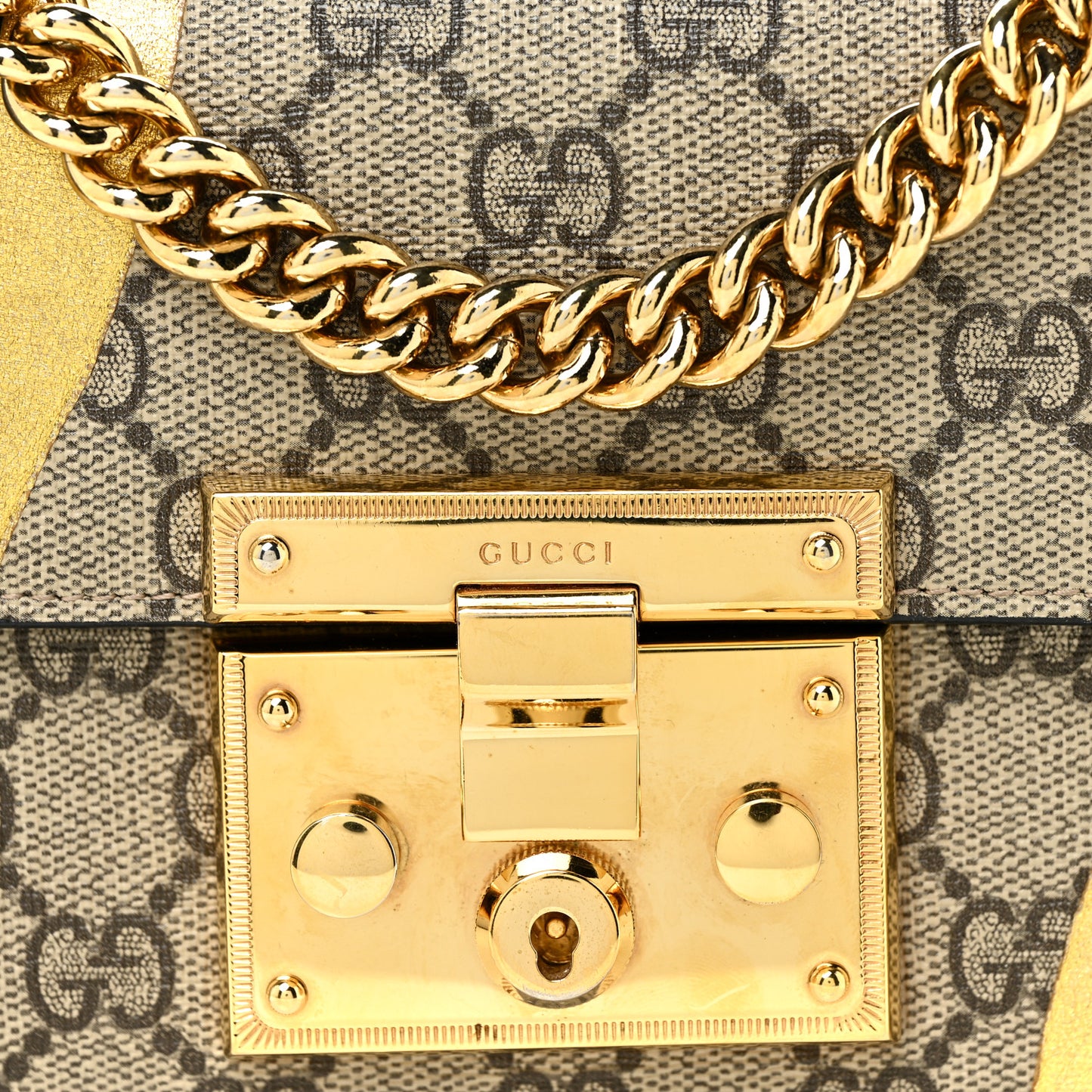 Calfskin GG Supreme Monogram Small Padlock Shoulder Bag Black Gold
