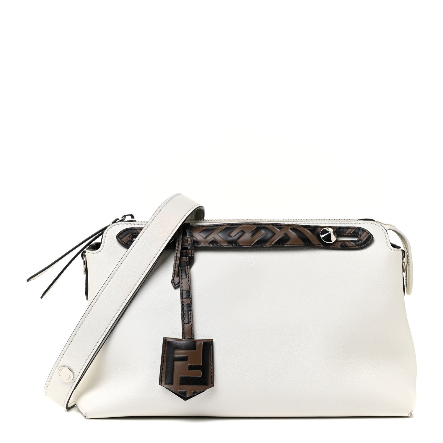 Fendi Vitello Dolce Bi-Color FF 1974 Embossed Medium By The Way Boston Bag White Ice Maya Black 1 of 13