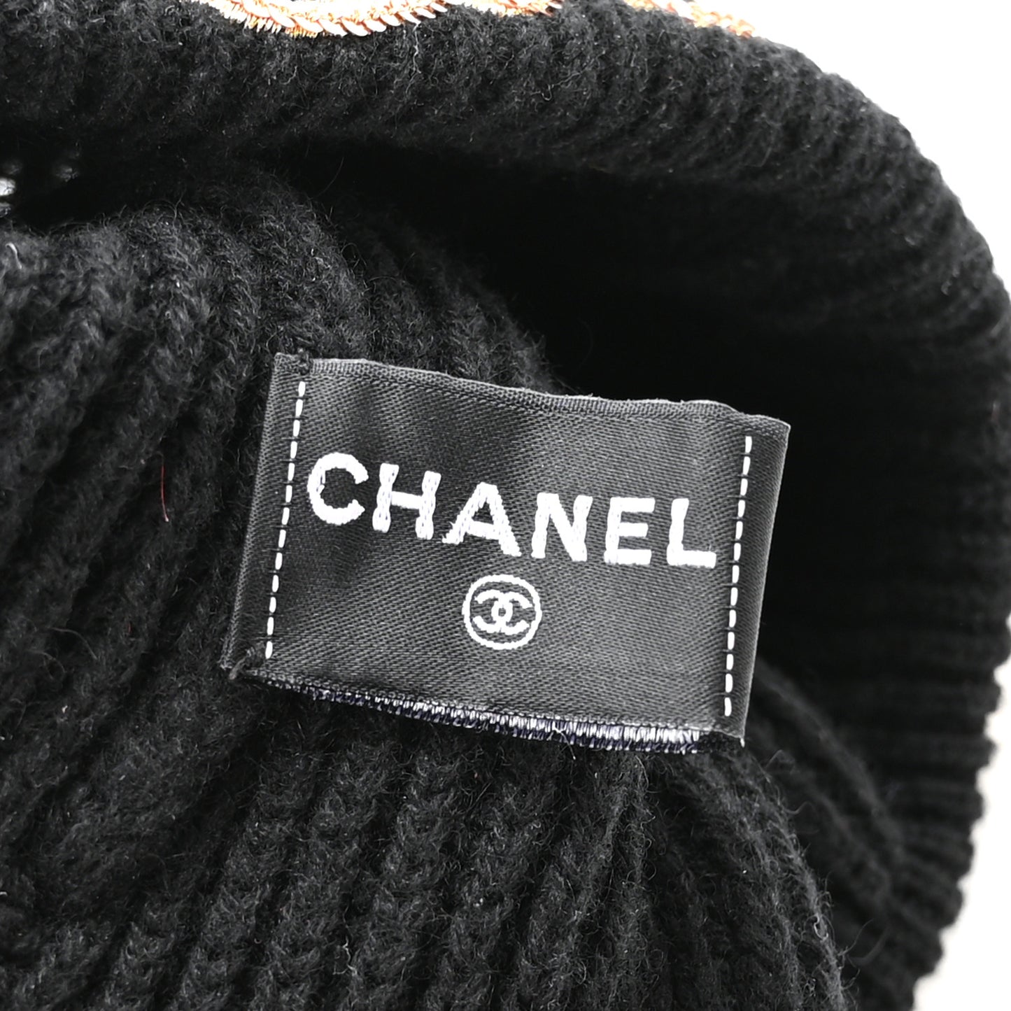 Cashmere Sequin Logo Beanie Hat Black Gold