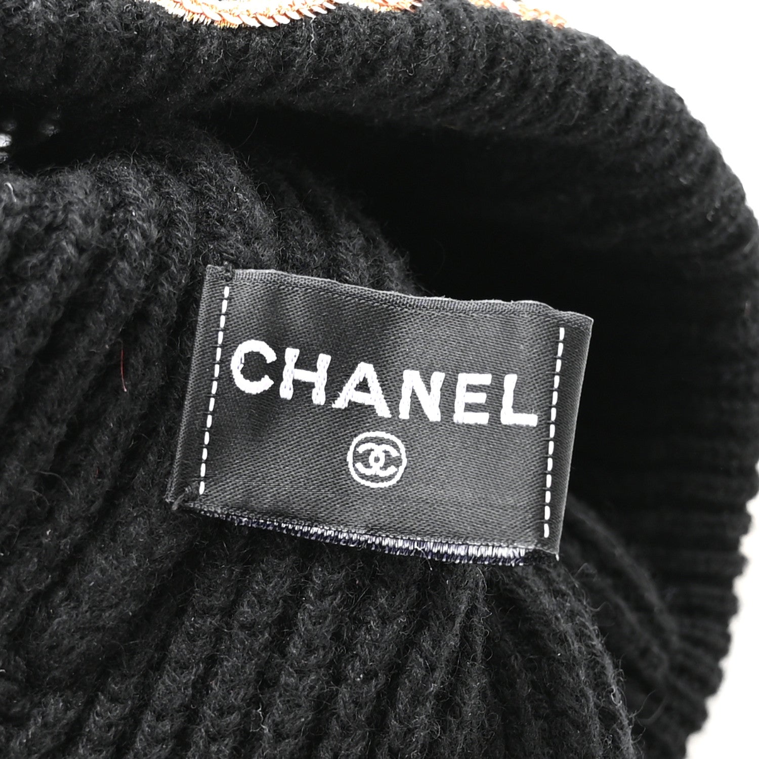 Chanel Cashmere Sequin Logo Beanie Hat Black Gold 8 of 9