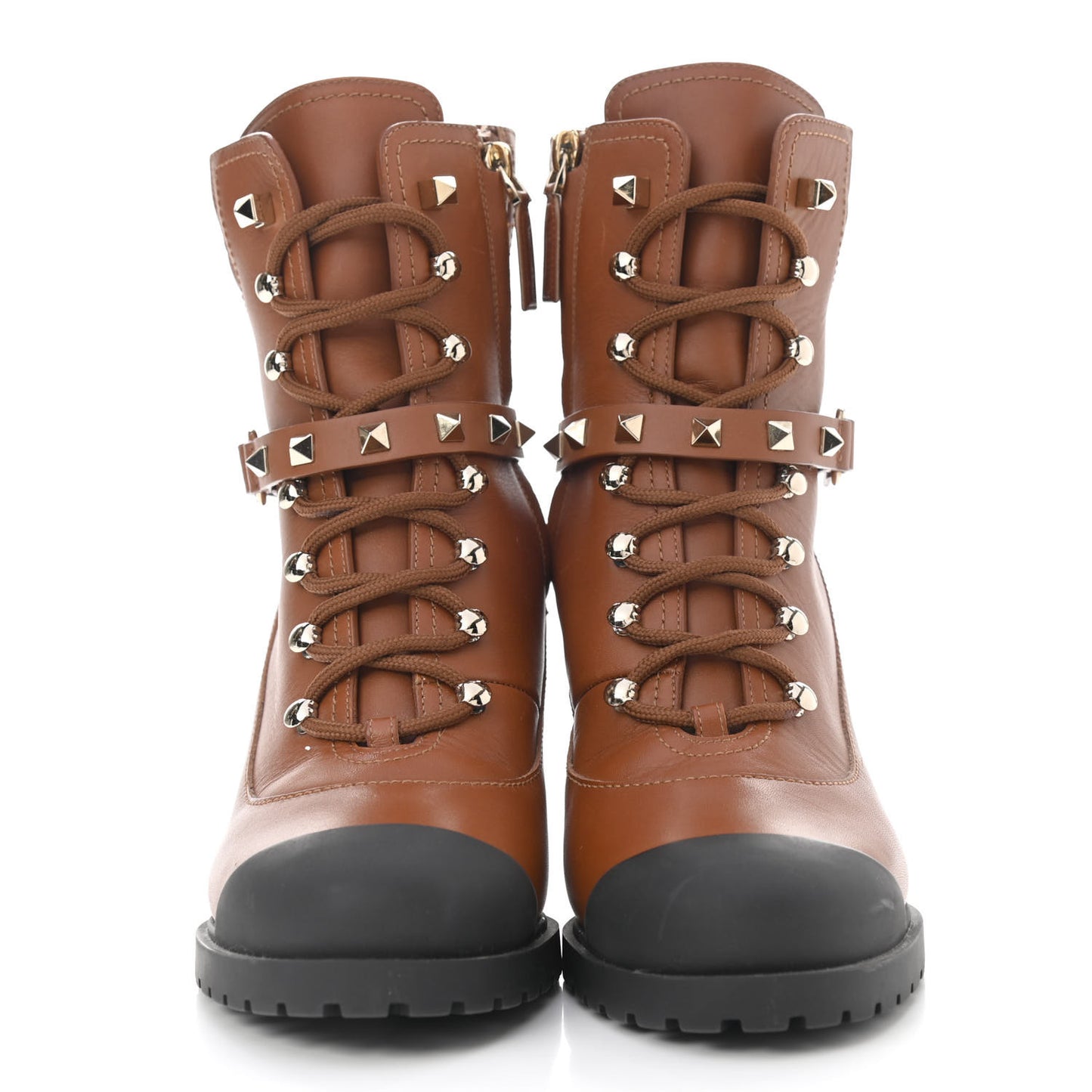 Calfskin Rockstud Cap Toe Combat Boots 38 Tan