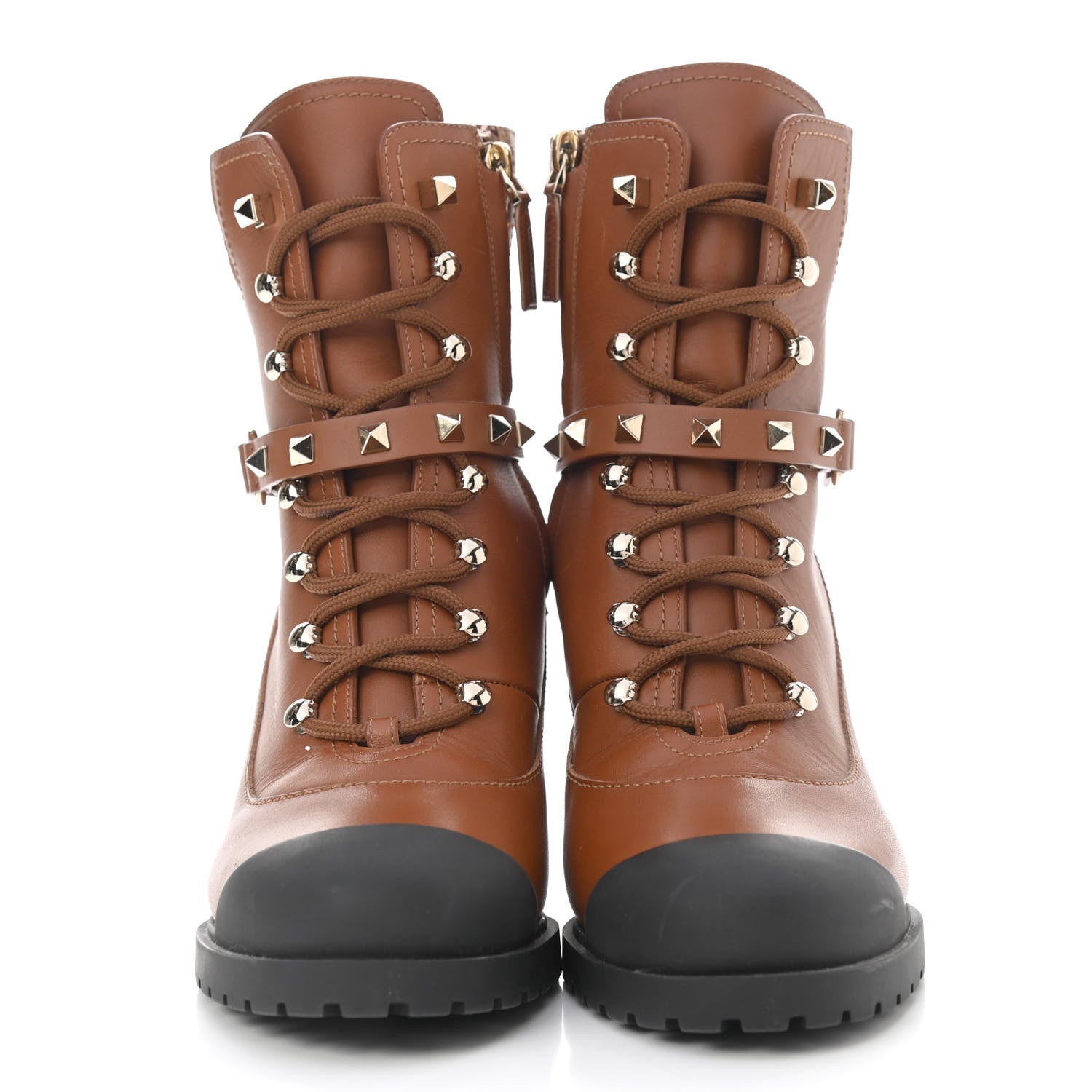 Valentino Garavani Calfskin Rockstud Cap Toe Combat Boots 38 Tan 2 of 26