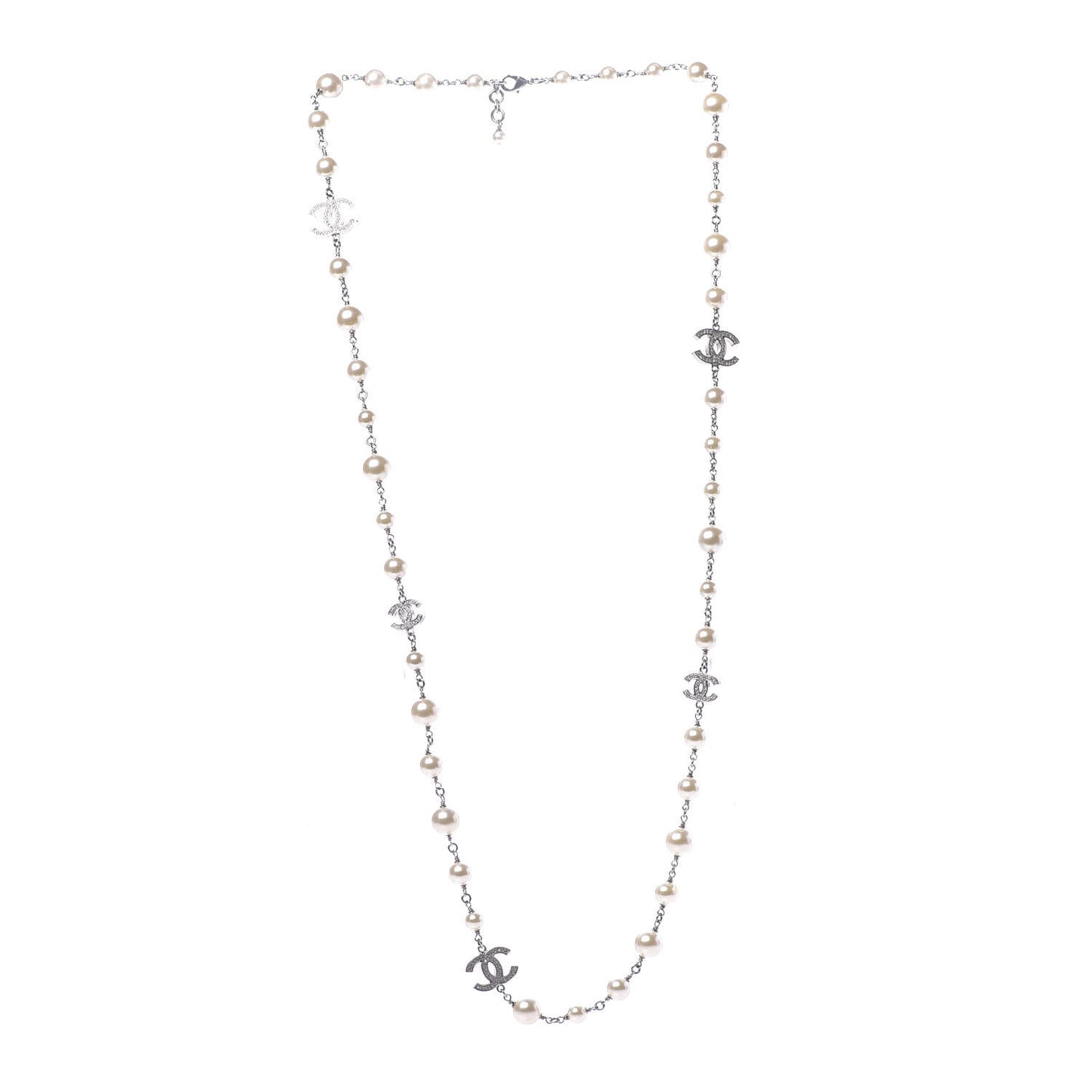 Graduated Pearl Crystal CC Long Necklace Silver