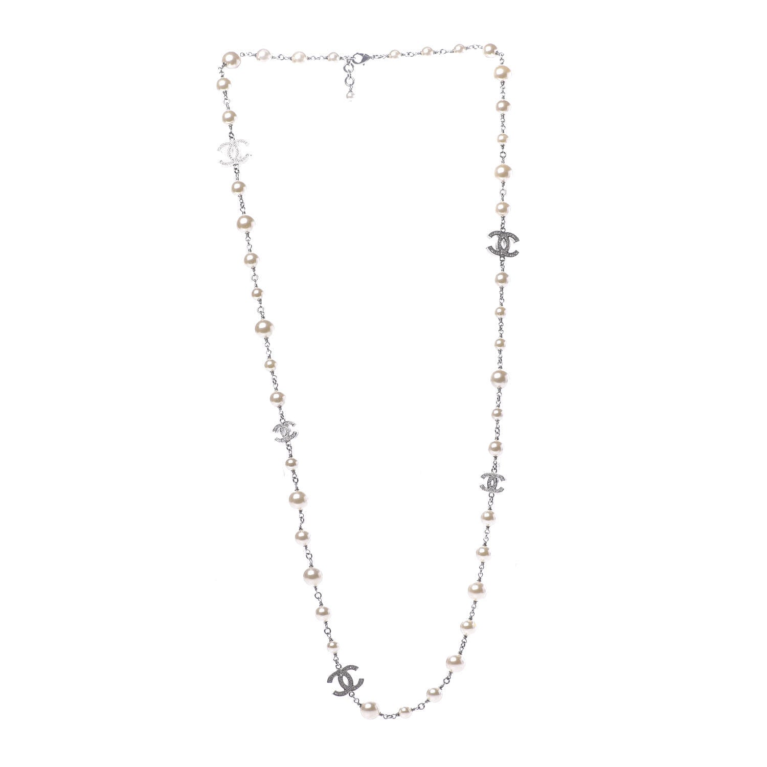 Chanel Graduated Pearl Crystal CC Long Necklace Silver 3 of 10
