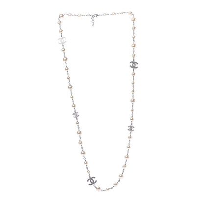 Chanel Graduated Pearl Crystal CC Long Necklace Silver 3 of 10