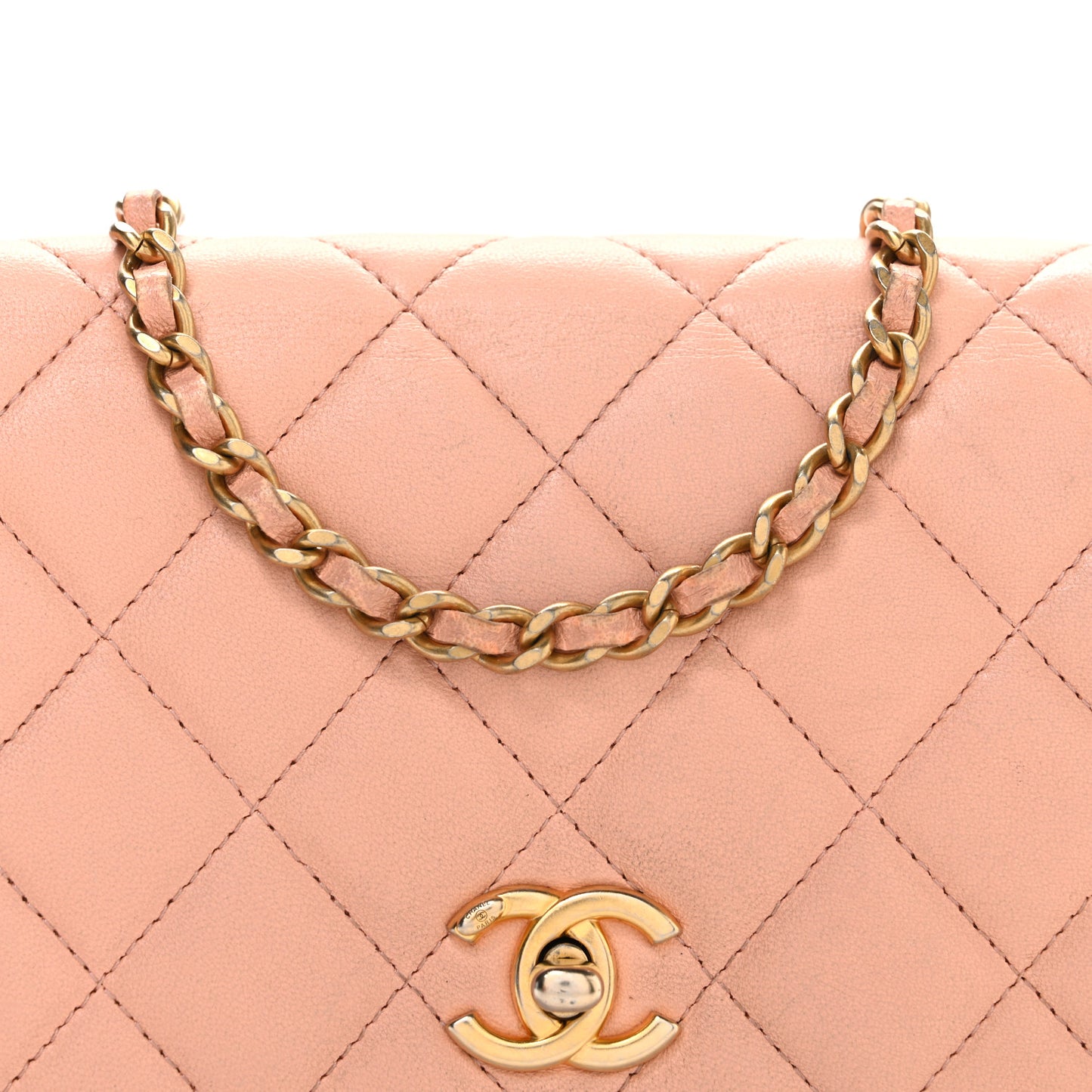 Lambskin Quilted CC Pearl Crush Wallet on Chain WOC Light Orange