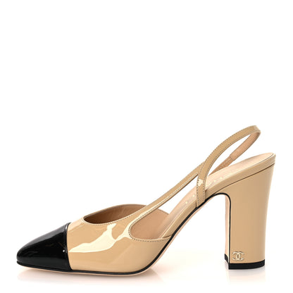 Chanel Patent Calfskin Cap Toe CC Slingback Pumps 40 Beige Black 1 of 11