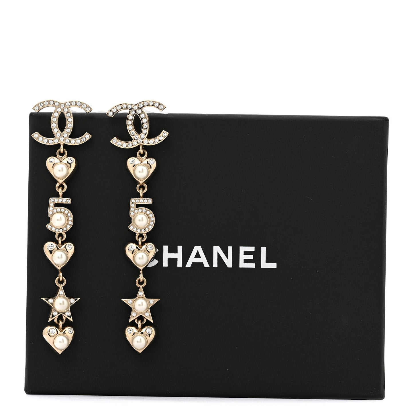 Crystal Pearl Charming Winter CC Star Heart Drop Earrings Gold